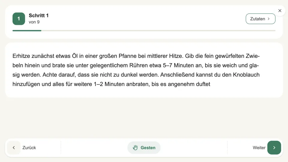 Schritt-für-Schritt-Ansicht des Kochmodus mit Fortschrittsbalken, Zutaten-Button und Gestensteuerung